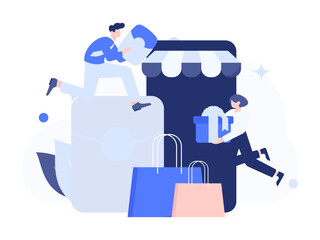 Holiday shopping people doing e-commerce online shopping flat vector concept operation hand drawn illustration
