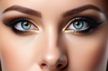Close-up eye close-up, macro shot of female eyes with very long eyelashes and black eyeliner. Perfectly shaped makeup and long lashes