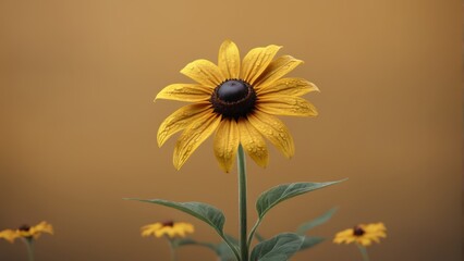  Yellow flower with black center on brown background surrounded by yellow flowers with green leaves