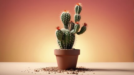  A cactus in a pot on a table with a pink background and a matching pink wall