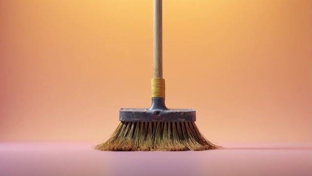  A broom on a pink floor with a yellow and white lamp shade - captures the essence of home decor!