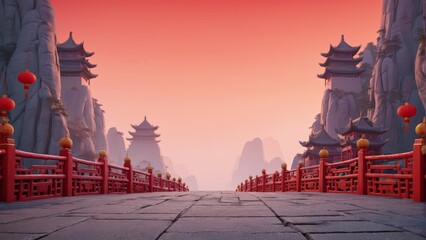  A vividly described image showcases a striking red fence separating a serene path leading to an architectural marvel with a majestic pagoda perched atop