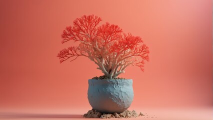 Naklejka premium Pink backdrop, potted plant on sand pile in foreground