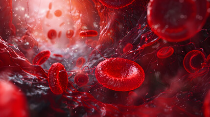 Red blood cells flowing through a vein, with a focus on the detailed texture and vibrant red color of the erythrocytes. The background is enriched with subtle molecular structure.