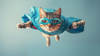 A superhero cat with a blue cloak and mask, flying in the air in the style of no people, isolated on a light pastel background.