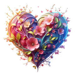 colored heart shaped sculpture with blooming flowers and branches on bright gradient background