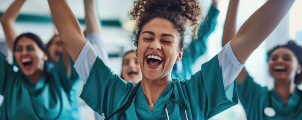 Diverse group of medical professionals cheering and celebrating together - obrazy, fototapety, plakaty