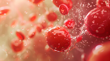 Red blood cells flowing through a vein, with a focus on the detailed texture and vibrant red color of the erythrocytes. The background is enriched with subtle molecular structure.