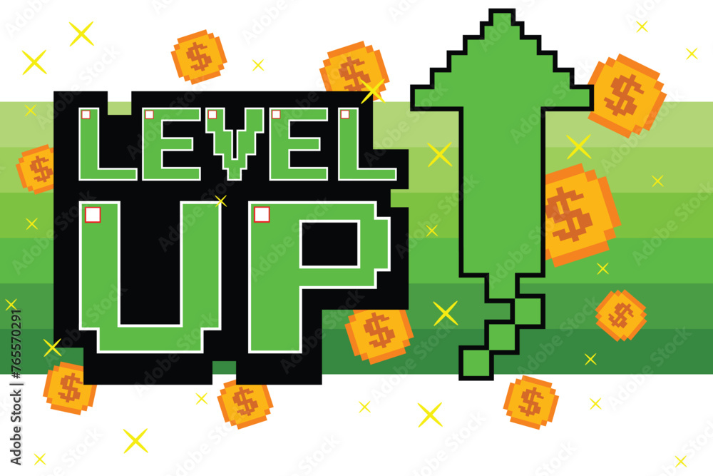 Poster level up !! text with gold coin on green background. pixel art .8 bit game. retro game. for game ass