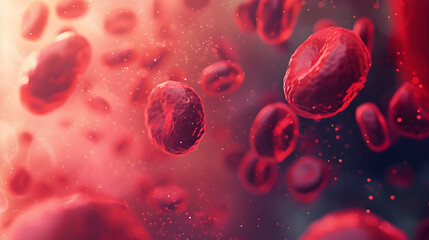 Fototapeta premium View of red blood cells suspended in plasma, with a dreamy, soft-focus effect on surrounding biochemical elements. 
