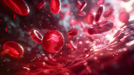 View of red blood cells suspended in plasma, with a dreamy, soft-focus effect on surrounding biochemical elements. 
