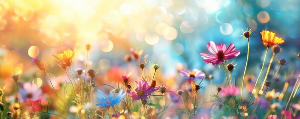 Bright and colorful wildflowers in full bloom with sunlight flares in a serene field, depicting...