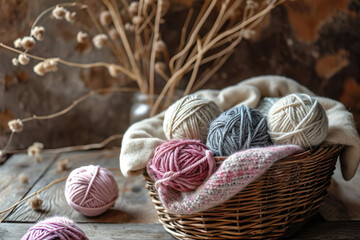 pastel colored woolen yarn balls in a wooden basket in front of a wooden wall, still life