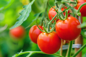 Cherry tomatoes on the vine. Healthy, organic produce, ready for harvesting.