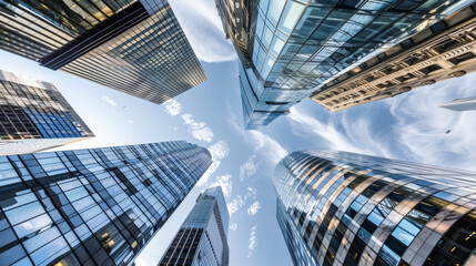 Upward View of Reflective Glass Skyscrapers Against a Cloudy Blue Sky