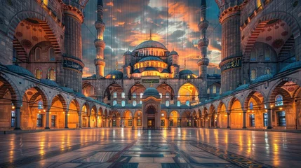 Fototapeten The Blue Mosque in Istanbul, Turkey. (Sultanahmet Camii). The Mosque is decorated with MAHYA specially for Ramadan. Writes to the mahya: "The Sultan Of 11 Months, Welcome!" © Nicat