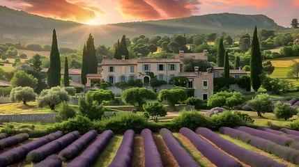 Schilderijen op glas French lavender flowers field, traditional house and mountains at sunset. © ZayNyi