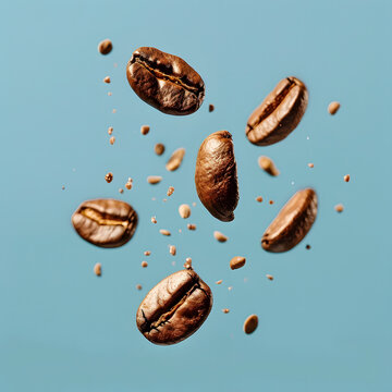 Realistic brown coffee beans in air