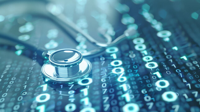 Stethoscope on Digital Background with Binary Code,
healthcare technology, health informatics