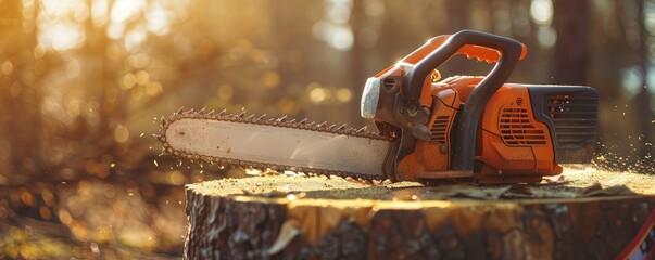 chainsaw on a stump, depicting deforestation, forestry work or tree-cutting activities and equipment usage - obrazy, fototapety, plakaty