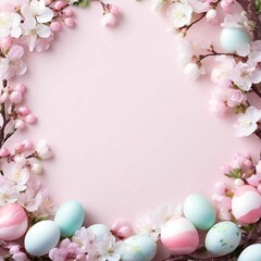 Fototapeta na wymiar Easter eggs with colorful with light pink and blue tones, Easter card with spring flowers
