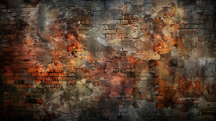 Dilapidated brick wall with a tapestry of decayed plaster and shadows, concept of urban decline and storytelling