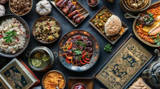 Traditional Eastern dishes and Koran on black table. Ramadan celebration