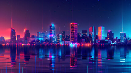 Futuristic Cityscape with Digital Neon Lights
. A vibrant digital illustration of a futuristic cityscape bathed in neon lights and reflections encapsulates a cyberpunk aesthetic.

