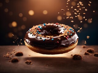 Glazed chocolate doughnut with toppings, floating in the air, cinematic food dessert photography 