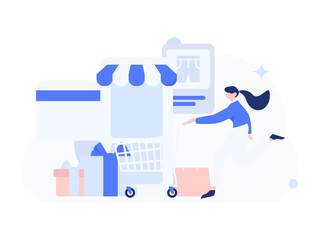 Holiday shopping people doing e-commerce online shopping flat vector concept operation hand drawn illustration
