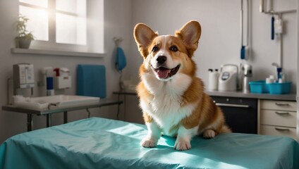 Happy dog at the doctor. Vaccination of animals in a veterinary clinic by a veterinarian