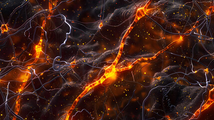 View of rat brain cells under a microscope, showing neurons interconnected by a complex web of dendrites and axons. The cells glow with an ethereal light against a dark background.