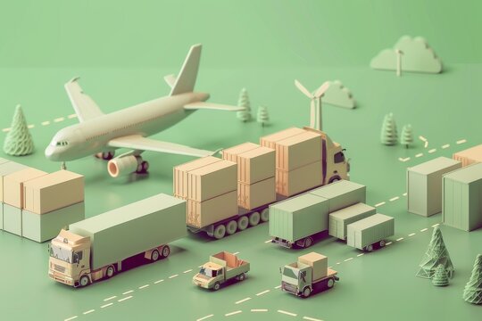 This image captures a logistic network with airplanes and trucks amidst green trees and wind turbines