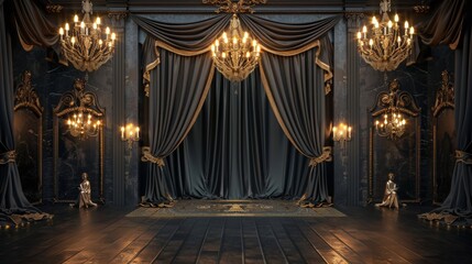 Regal theater stage with opulent drapes and chandeliers, symbolizing performance art and grandeur, concept of drama