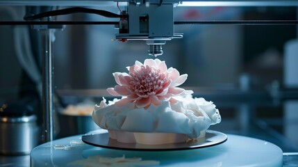 A vivid pink water lily forms via 3D printing, representing the fusion of technology with natural beauty