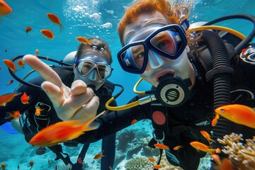 two people scuba diving in coral reef