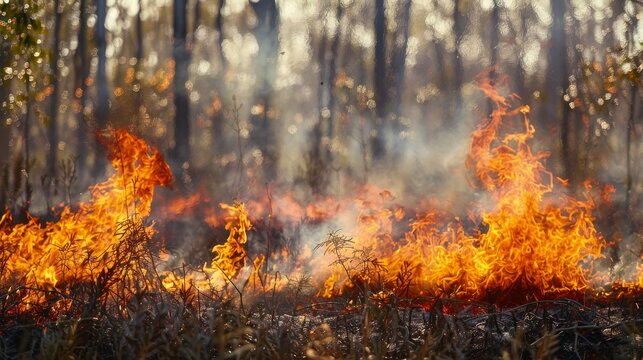 A powerful image capturing the destructive force of a wildfire as it burns through a field of dry grass