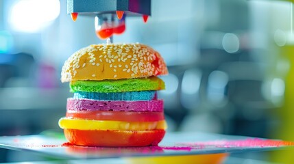 A whimsically colorful burger with rainbow-colored buns being 3D printed, representing modern...
