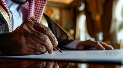 Detailed view of a man's hands holding a pen, signing official documents, conveying decision-making - obrazy, fototapety, plakaty