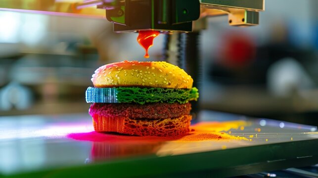 This image displays a realistic 3D-printed burger with intricate layers, symbolizing the blend of technology and traditional cuisine