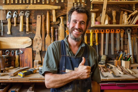 An artisan carpenter is pictured in his workshop full of tools giving a thumbs up, conveying his satisfaction with the work environment