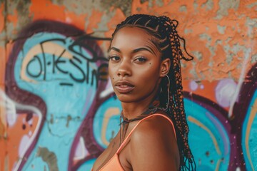 A young woman with striking features poses confidently before a colorful graffiti backdrop
