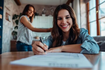 Fototapeta premium A joyful woman signing documents, with a friend in the background in a homely environment