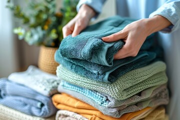 Close-up shot of hands neatly folding a stack of freshly laundered towels in varying shades of blue and green