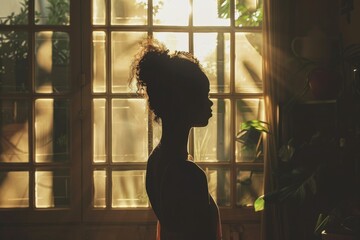 A woman's silhouette stands elegantly against the backdrop of a window glazed with the golden light of sunrise or sunset