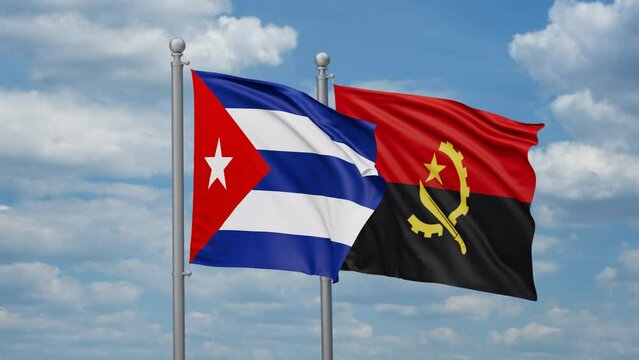 Cuba and Angola two flags waving together, looped video