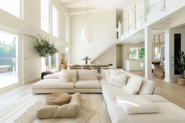 A bright and airy modern living room with large windows, designer furniture, and minimalist decor