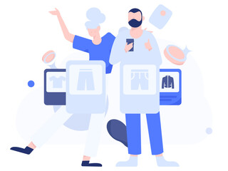 Holiday shopping people doing e-commerce online shopping flat vector concept operation hand drawn illustration
