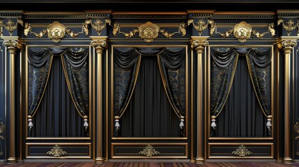 Regal art deco stage with opulent black and gold curtains concept of theater and luxury design