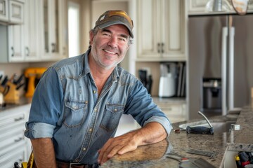 Joyful mature man with a tool belt and cap standing at a kitchen counter - obrazy, fototapety, plakaty